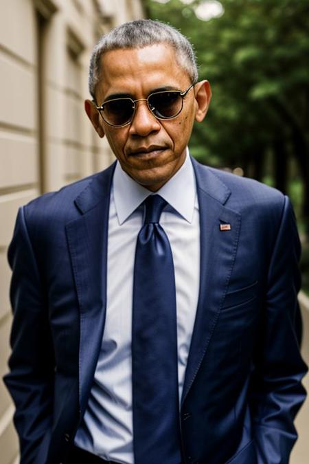 RAW photo, Barack Obama, 8k uhd, dslr, high quality, cinematic lighting, photorealistic, realistic, business suit, cross-laced clothes, collared shirt, unbuttoned shirt, heart shaped sunglasses, rose tattoo on the neck, dimly lit <lora:epi_noiseoffset2:0.9>, low key, serious expression, intricate details,