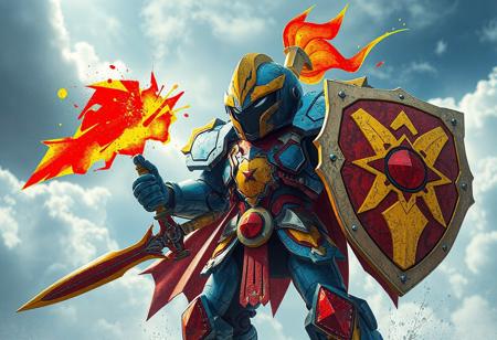 Epic Knight of the Morning Star robot, Cloudcastle backdrop, blue, red, yellow mosaic armor, striking red/yellow shield, sword, black head, white face. Dynamic action pose, playful design. Splash ink illustration, Octane render, Unreal Engine 5, Raphael style, Houdini style, vivid emotions, joyful impact. High-res, 4K, exceptional quality, lifelike details, handcrafted, sharp lines, stunning colors, harmonious colors, contemporary aesthetics, beautiful matte painting, impeccable composition, creative angle, attractive background, balanced editing, intentional focus, captivating lighting, Grammer Effect style, Artstation trending, golden ratio.