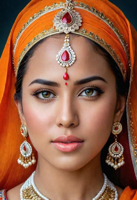 In vivid detail, ultra realistic, amazing, this image showcases a female figure, captured in a meticulously crafted photograph. The subject exudes natural beauty, with every pore and imperfection of her skin texture revealed.She is looking into camera with her bright beautiful eyes.  She stands majestically, donning traditional or ceremonial attire that has been intricately adorned. The image portrays her from head to toe, allowing viewers to appreciate the fullness and grandeur of her appearance. The photo is rendered with such remarkable precision and clarity that every intricate detail can be easily observed. With its extraordinary level of detail, this image truly immerses the viewer in the exquisite beauty and cultural richness of the subject.