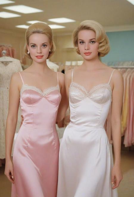 score_9, score_8_up, score_7_up, 1960s Tippi Hedren and Grace Kelly, pretty blond, slim, slender, wearing a pastel satin nightie with spaghetti straps and lace trim, blond, standing in a lingerie store surrounded by pretty friends wearing pretty silk and satin slips and nighties and lingerie
