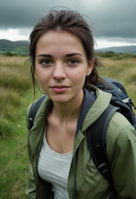 realistic, highly detailed, kodak, average girl, she's hiking in northern ireland mournes and wearing hiking clothes, she's tired but happy, the sky is partly cloudy, grass is green and a bit wet, there are some trees but it's mostly grass,  tipical northern ireland scenery, cinematic, movie shot, skin detail