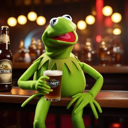 Kermit1024,a muppet frog, ((full body)), drink beer in a pub, neon lights sign "Kermit" , highly detailed, photography, ultra sharp, film, bokeh, professional, 4k  <lora:add-detail-xl:1.5>   <lora:Kermit1024:0.8>