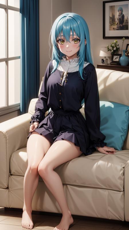 (masterpiece,  best quality),  ray tracing,  absurdres,  HDR, rimuru tempest, coleus, light blue hair, 1girl, long hair, yellow eyes, breasts,cowboy shot, looking at viewer, ,smile, long sleeves,  bangs, sitting,, closed mouth, skirt, hair between eyes,  solo,barefoot , full body,blush,indoors,living room,sofa,<lora:rimuru coleus_v2:0.7>