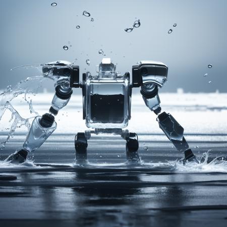 a (watercd:1.2, brightness, transparent:1.3) armed mech droids, (robot:1.1), (abstract:1.3), (solo:1.2), standing, water drop, dropping, <lora:watercd-000010:0.5>, no humans, high quality, masterpiece, realistic, photorealistic, (outdoors, on the surface of the water, the water splashed in all directions, full  body, close-up),