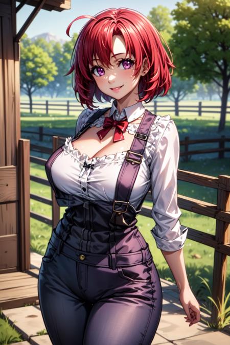 best quality, masterpiece, 1girl, (solo:1.1), raytracing, ultra detailed,detailed face, 8k wallpaper, wide hips, <lora:more_details:0.5>, smile, CowGirlNDV, 1girl, red hair, purple eyes, large breasts, short hair, ahoge, cowboy shot, shirt, jeans with suspenders, outdoor, farm,  <lora:CowGirlGS_NDV:0.7>