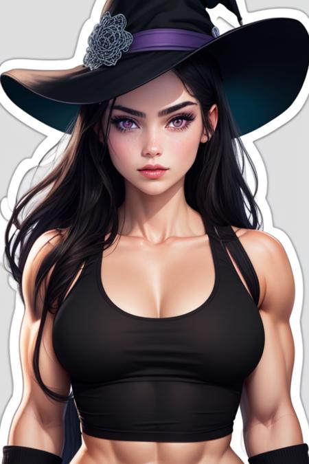 <lora:stickers-08:1>((stickers)), 1girl, solo, long hair, breasts, looking at viewer, bangs, black hair, gloves, hat, bare shoulders, medium breasts, purple eyes, collarbone, upper body, parted lips, black headwear, muscular, witch hat, tank top, fire, muscular female, black tank top  (masterpiece:1.2), (best quality), (ultra detailed), (8k, 4k, intricate),(highly detailed:1.2),