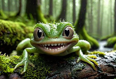 close up of mossy log, small alien, 1creature, teeth,  detailed forest background, (rain) , wet mossy surroundings, octane render, (, mossy log, vast nature:1.3) , teeth, shallow depth of field, heroic, flora, realism, (hyperdetailed:1.2) , (Photorealistic:1.2) , cinematic Lighting, (detailed background visible:1.2) , (bioluminescent:1.1) , (At heart composition) , (captivating photograph:1.1)