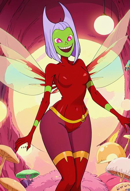 butt witch, butt witch (regular), twelve forever, 1girl, solo, colored skin, pink eyes, purple hair, bodysuit, green skin, red bodysuit butt witch, butt witch (monster), claws, twelve forever, insect wings, sharp teeth, wings, solo