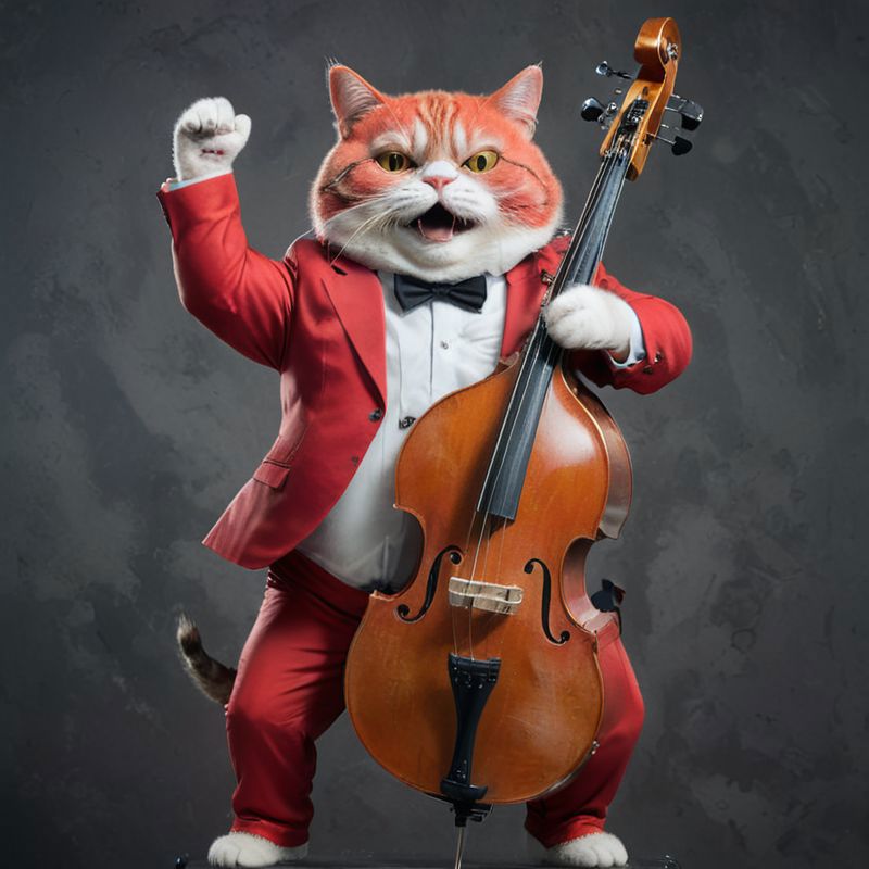 A cat in a red suit playing the cello.