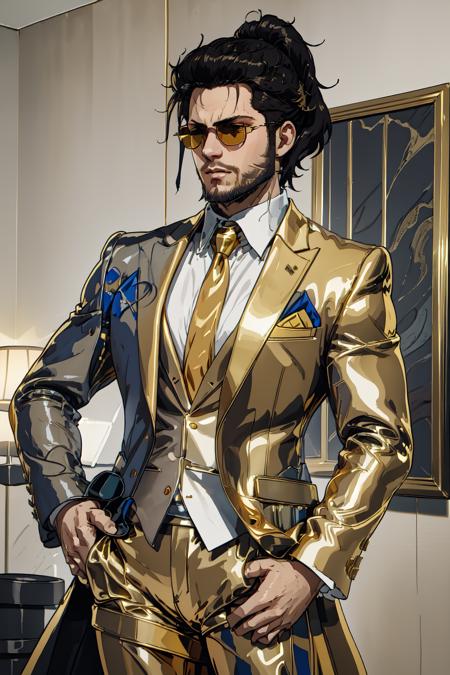 masterpiece, best quality, 1boy, JetstreamSam,  <lora:JetstreamSam:0.65>, cowboy shot, (goldsuit, yellow necktie), <lora:Outfit_GoldenSuit:1>, sunglasses, hands on chest, hotel lobby, shiny, suit, beard