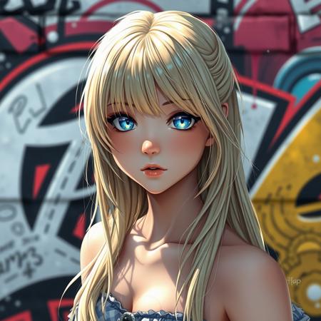 A anime girl with blonde hair and blue eyes in front of graffiti, octane rendering, unreal engine 5, beautiful women, 32k uhd, realistic scenery, charming characters, pop culture, shiny, head and shoulders portrait, 8k resolution concept art portrait by Greg Rutkowski, Artgerm, WLOP, Alphonse Mucha dynamic lighting hyperdetailed intricately detailed Splash art trending on Artstation triadic colors Unreal Engine 5 volumetric lighting