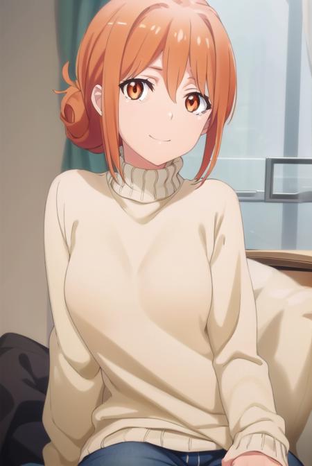 yuigahamama, <lora:mother yuigahama s2s3-lora-nochekaiser:1>,
mother yuigahama, hair bun, mature female, (orange eyes:1.5), orange hair, short hair, single hair bun, hair between eyes, sidelocks, smile,
BREAK denim, jeans, pants, sweater, turtleneck, turtleneck sweater, white sweater,
BREAK indoors, bed,
BREAK looking at viewer, (cowboy shot:1.5),
BREAK <lyco:GoodHands-beta2:1>, (masterpiece:1.2), best quality, high resolution, unity 8k wallpaper, (illustration:0.8), (beautiful detailed eyes:1.6), extremely detailed face, perfect lighting, extremely detailed CG, (perfect hands, perfect anatomy),