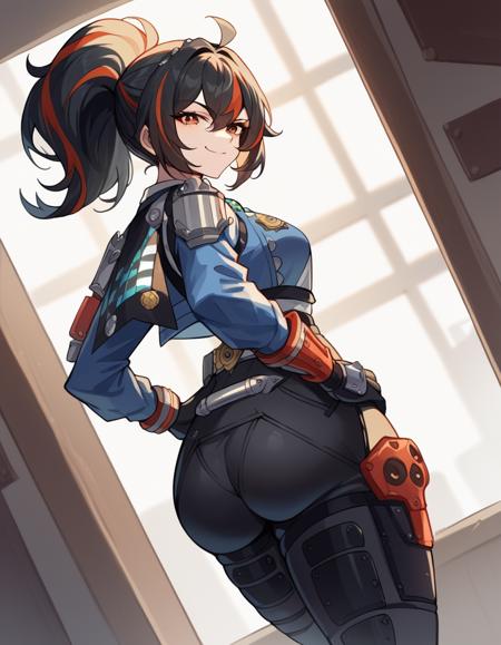 <lora:zhu-yuan-ponyxl-lora-nochekaiser:1>, zhu yuan, black hair, medium breast, big butt, orange eyes, black hair, red hair, multicolored hair, streaked hair, long hair, ponytail, ahoge, hair between eyes, confident blue jacket, police, policewoman, police uniform, high-waist pants with robotic guards, shoulder guards, front belt with star-shaped symbol, checkered necktie, black gloves, police badge, uniform, black shoes, wrist guards, white shirt, long sleeves, police theme, blue footwear