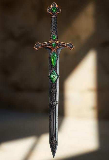A Highly Detailed Ancient Looking Sword With A Light green Gem embedded in the hilt