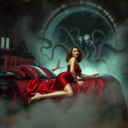 Classy lady in a rich red, glossy satin nightgown, elegant high heels, and bold lip color, kneeling on a luxurious Victorian bed, surrounded by weird foil pillows, struggles to break free from the grasp of long, slimy alien tentacles emerging from a giant, swirling portal in the wall, shrouded in fog, as two gray aliens with large, almond-shaped eyes observe her from the portal's threshold, leading to an ominous, dimly lit alien spaceship harem chamber, inspired by the dark, sensual, and surreal styles of H.R. Giger, Zdzisław Beksiński, and Ash Thorp, with intricate textures, metallic sheens, and an eerie, pulsing glow.
