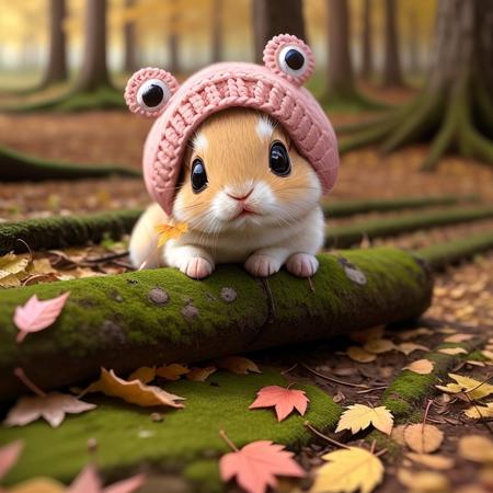 <lora:green_ois_hat:1.0>A baby rabbit in a tiny pink ois hat with a pair of frog eyes BREAK, nibbling on a leaf, its tiny feet placed on the forest floor covered with fallen autumn leaves