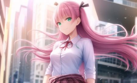 1girl, instrument, pink hair, solo, long hair, skirt, green eyes, guitar, clothes around waist, shirt, electric guitar, white shirt, smile, plaid skirt, two side up, pleated skirt, plaid, holding instrument, holding, nail polish, looking at viewer, school uniform, breasts, standing, bangs, plectrum, medium breasts, red ribbon, ribbon, jacket around waist, closed mouth