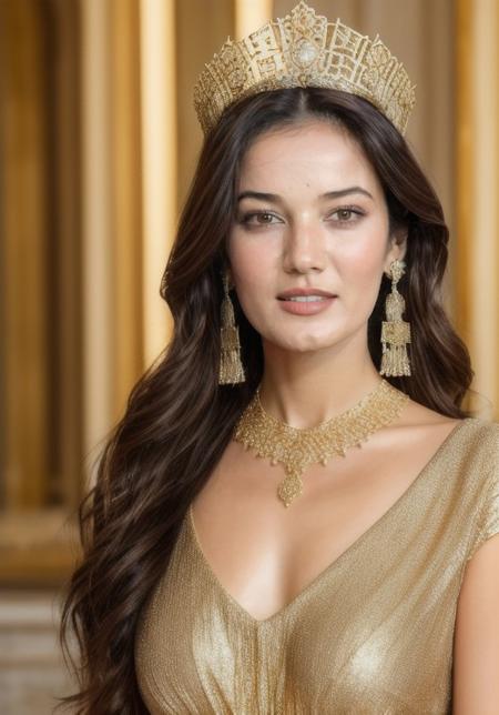 pinar_deniz, wearing a gold dress and jewelry with a tiara on her head and a necklace on her neck with ((happy face)), masterpiece, best quality, CG, detailed light, extremely detailed, royalty, HDR, intricate details,brown eyes
<lora:more_details:0.8>,
<lora:pinar_deniz-000007:0.8>,