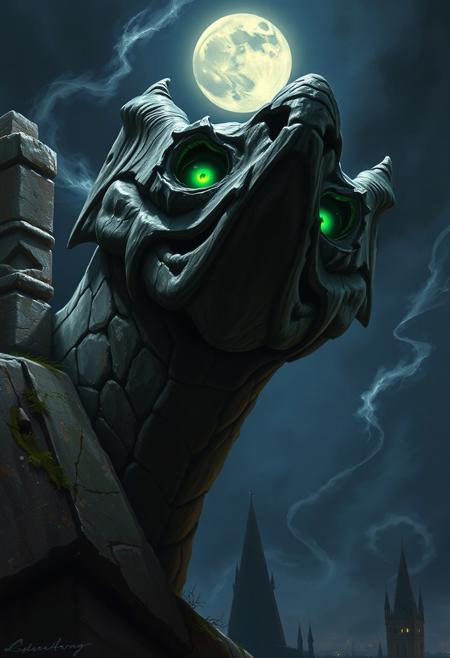Painterly dark fantasy illustration, style of Brom and Zdzisław Beksinski. Low-angle close-up: Ancient stone gargoyle's head tilts upward, baleful phosphorescent green eyes glowing intensely from deep sockets. Weathered, pitted stone covered in grime and faint moss, rendered with visible, textured brushstrokes. Dramatic moonlight carves sharp highlights against abyssal shadows. Swirling nocturnal mist clings to the cathedral spire perch. Atmosphere of brooding menace, ancient sentience awakened. Hints of distant, blurred medieval city lights far below.
