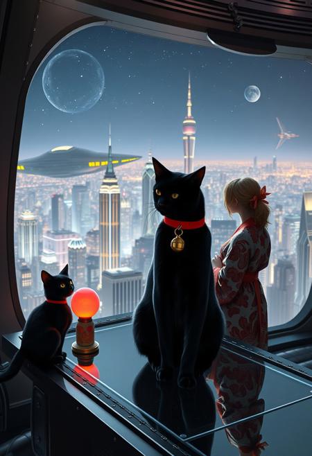 A sleek black cat with red collar and a gold bell sits on a cluttered metal riveted desk with transparent top and rgb led computer components visible inside, On the desk are a maneki neko statue and a lava lamp, the Black Cat is looking out of a seamless and futuristic floor to ceiling window that looks out at thousands of enormous wide and tall futuristic skyscrapers from a large window in a descending spaceship, a beautiful woman, 24 years old, is standing next to the cat looking out at the enormous city at night, filled with buildings of many shapes and sizes, some over a mile tall))), the woman is dressed in an ornate Japanese style bath robe. An enormous deco starship with futuristic lighting and design is visible high above the city, and a space station is visible in the background among the stars, The woman's hair is messy from just waking up and tied up with a ribbon. Artistic cyberpunk, dynamic perspective, The focus is on the black cat and woman standing together looking out the window at the view together, (((overall architectural aesthetic is Art Deco Cyberpunk))).  A large futuristic building shaped like a torii gate stands among the enormous tokyo structures,