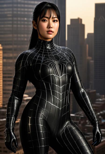 score_9, score_8_up, score_7_up, best quality, realistic, masterpiece, beautiful detail, hyperrealistic, afternoon sky, ((1girl, woman body, big breasts)), amazing detailed full body portrait of a beautiful japanese girl, wearing a realistic and highly detailed black raimi spider-man suit, ((huge muscular girl)), professional model wears ultra - detailed black raimi spider - man suit, ultra - detailed and grained black raimi spiderman suit, suit covered entire body and hand, black spiderman gloves, wet, (spread leg), (full body), (dirty skin), close up, octane render, highly detailed, volumetric, dramatic lighting, (highest quality:1.1), (HDR:1.3), (top quality, best quality), realistic, high definition,