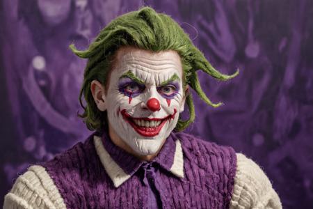 w00len, a hyper realistic picture of a the joker made out of yarn, with a full white clown face and clown makeup facing the camera, wearing a purple woolen knitted suit, space backdrop