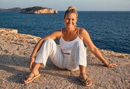 “Ultra‑realistic RAW photo, 85 mm portrait lens, f/2.8, ISO 100, eye‑level angle — a symmetrically framed 40‑year‑old woman, sleek blonde hair tied back. Clear, evenly spaced blue eyes looking toward the camera; natural crow’s‑feet and soft laugh‑lines. Genuine, relaxed smile with aligned, normally shaded teeth. Subtle pores and skin texture, no airbrushing. White crop‑top, high‑waisted linen trousers, woven sandals, silver anklet. Golden‑hour light on a cliff in Ibiza; Es Vedrà in the background, Mediterranean sea below, distant beachgoers in soft bokeh.”