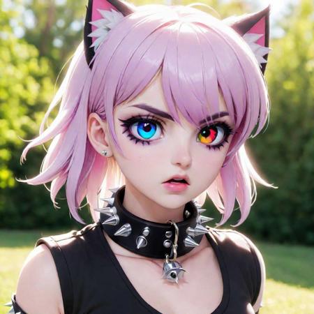 totless,1girl, outfit2, spiked collar , outdoor background, heterochromia