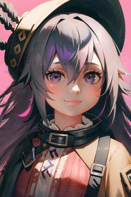 1girl, solo, pink background, hat, smile, looking at viewer, long hair, portrait, simple background, grey hair, skadi (arknights), black headwear, closed mouth, hair between eyes, upper body, purple hair, bangs