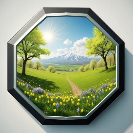 spring sunny mounting, realistic, paralax, perspective, wide landscape inside a hexagonal badge