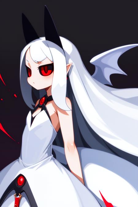 masterpiece, best_quality, 1girl, solo, white hair, red eyes, wings, white dress, black sclera, long hair, horns