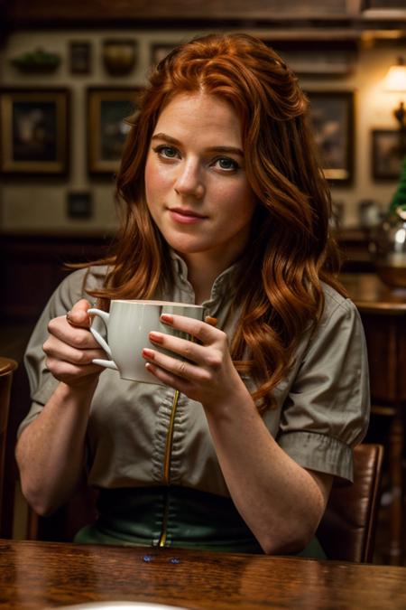 <lora:Rose_Leslie:1> masterpiece, best quality, detailed face, a mature r1873l, 1girl, solo, red hair, cup of tea, cafe, inside, table with a leprechaun, salt pepper pots, plate