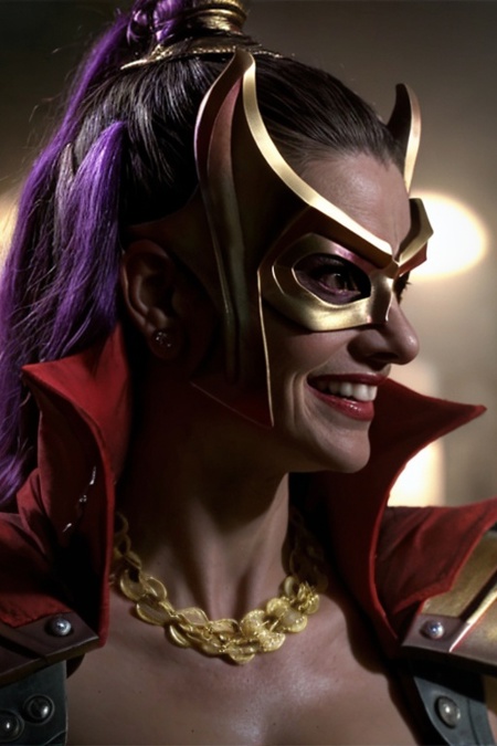 Divatox red cape, high collar, gold mask, gold pauldrons, black gloves, purple hair,  gold necklace, red and gold outfit