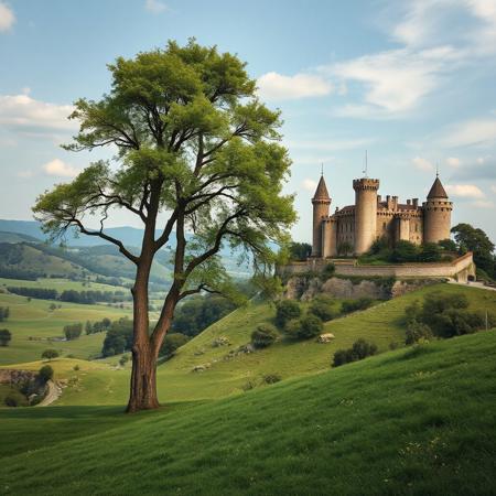 Um cenário ultra realista de uma paisagem medieval, com um campo verde com colinas e ao fundo um castelo medieval. O castelo se situa no canto direito. O céu está limpo, com apenas algumas nuvens. Há uma árvore grande há uns 50 metros da imagem, com a silhueta de uma moça de costas balançando em um balanço, ultra HD