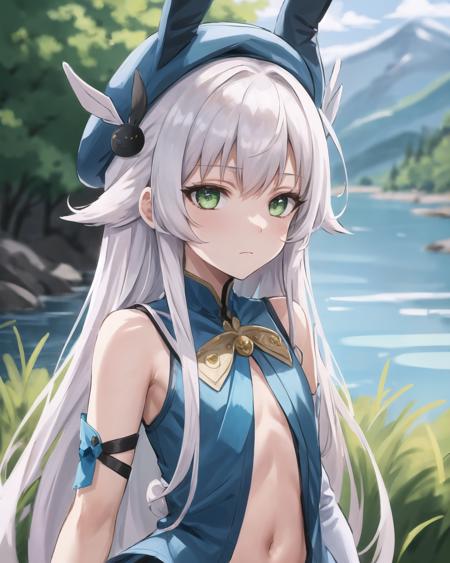 best quality, (masterpiece:1.2), illustration, absurdres, bright colors, vivid colors,
(1girl), (solo), (beautiful detailed girl), 
<lora:AltinaMagicalGirl-08:0.8>,  Altina Orion, white hair, long hair, sidelocks, tress ribbon, hair ornament, green eyes, flat chest,
blue headwear, bunny ears,
blue dress,  navel cutout, clothing cutout, sleeveless, bare shoulders, gloves, white skirt, knee boots, ribbon,
apathetic, expressionless,
grassy mountains, trees, japanese architecture, river, plants, ojou-sama pose (upper body, portrait),