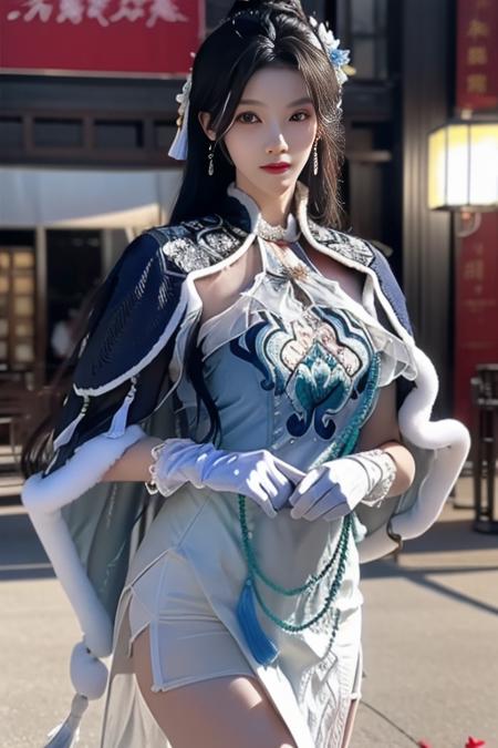 ltra-detailed,highly detailed,best quality,masterpiece,illustration,realistic,photorealistic,
guqinghan,cangyugezhu, 1girl, solo, 
chinese clothes, china dress, gloves, fur trim, side slit, cape, shawl,
jewelry, earrings, tassel, 
black hair, long hair, hair bun, hair ornament, hair flower, 
looking at viewer, cowboy shot, standing, 
outdoors, winter, snow, flower, 
<lora:guqinghan cangyugezhu_v1_04:0.8>