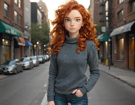 stylized digital anime image of Alina01 standing alone on a city street at sunset, with long and curly natural red hair, freckles,big emerald green eyes, wearing a tight fitting grey turtleneck sweater and blue jeans, in natural lighting.