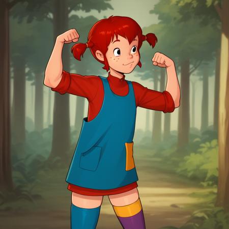 Pippi, 1girl, solo, red hair, short twintails, black eyes, freckles,  red dress, blue dress overalls, thighhighs,  mismatched legwear, multicolored legwear, asymmetrical legwear