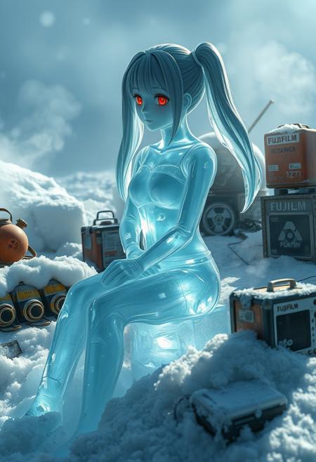 A hauntingly beautiful scene: a serene anime schoolgirl, carved from translucent ice, sits elegantly on a frozen industrial debris in a post-apocalyptic wasteland. Her porcelain-like skin glows under the cold bluish light that refracts through her crystalline body, casting rainbow prisms and ethereal patterns. Frost-covered gas masks, biohazard containers, and vintage electronics are entombed in layers of ice and snow, with rusty Fujifilm containers peeking through the formations. Her long gray-blue twin tails seem to float in a perpetual winter breeze, while her red eyes sparkle with specially colored ice that catches the light dramatically. Steam rises from patches of ground, adding an eerie atmosphere to this frozen apocalyptic scene, shot with photorealistic ice textures and cinematic lighting emphasizing translucency and reflection, shallow depth of field focusing on the ice figure.