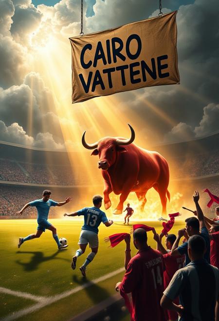 In a grand, celestial stadium filled with roaring clouds and beams of golden light, Diego Maradona, Gigi Meroni, and Valentino Mazzola are locked in an intense soccer match. Maradona, in his iconic blue Argentine jersey, moves with unmatched skill, while Meroni, in his Torino kit, dribbles with flair, and Mazzola, wearing his vintage Torino captain’s armband, commands the game with authority. The stadium is packed with a heavenly crowd, but among them are rowdy, ghostly hooligans waving scarves, shouting passionately, and banging drums, their chants echoing through the ethereal air.
A massive, burgundy bull stands just outside the field, snorting aggressively, its muscular form glowing in the light, representing raw energy and strength. Its presence adds tension, as if symbolizing the ferocity of the sport and the fans.
Above the stands, a large, hand-painted cardboard sign hangs—‘CAIRO VATTENE’—the black letters uneven and bold, echoing the frustration of fans. The hooligans, rowdy and vocal, chant in support, waving banners and flags, creating an atmosphere of protest within this heavenly arena.
The players remain focused, sweat beading on their faces, as if this match is just as critical as any they played in life. The mix of celestial beauty, the intense energy of the hooligans, the looming bull, and the rebellious protest sign creates a scene of passion, sport, and defiance