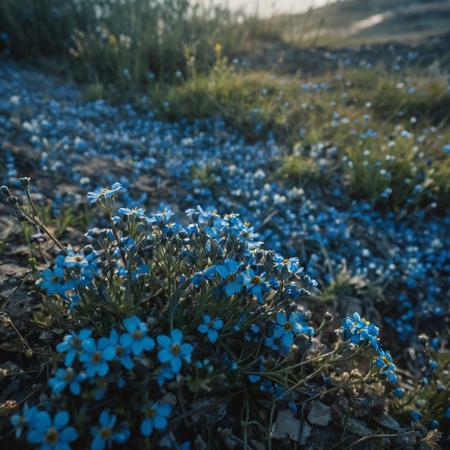 Extreme closeup shot, Small flowers in a big world. The wars are a memory, the blue, nature has taken power again, only ruins remain. cinematic lighting, high detail, highly detailed, perfect composition, concept art