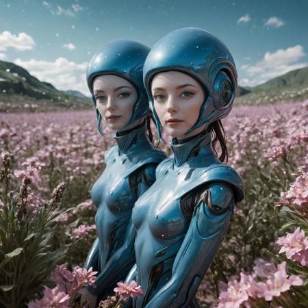 A close-up portrait photograph, The sexy and sassy brunette blue skin, horny alien twins. Their luxury interstellar starship behind them, flower field and ayahuasca, 1970s science fiction b-movie, technicolor, 3d stereoscopic view-master image, Polyacrylic resin, glossy, melted plastic, stretched rubber faces, Leica M3