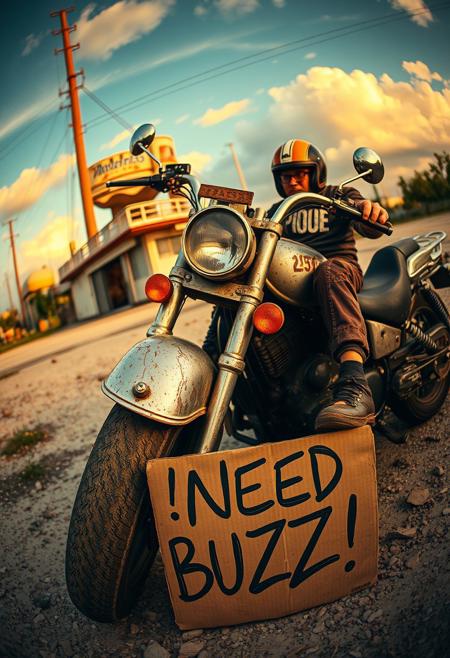 ”(masterpiece, intricate:1.3), (best quality, hires textures, high detail:1.2), golden theme, lora:Starry_Morph:1 starry_morph, Ramirez Gonzalo and his chopper, rotten aesthetics, comically exaggerated with a fisheye lens effect (12mm), very high resolution, decayed cardboard sign reading ‘I NEED BUZZ!’ placed near the scene, weathered textures, humorous yet gritty atmosphere, cinematic composition.”