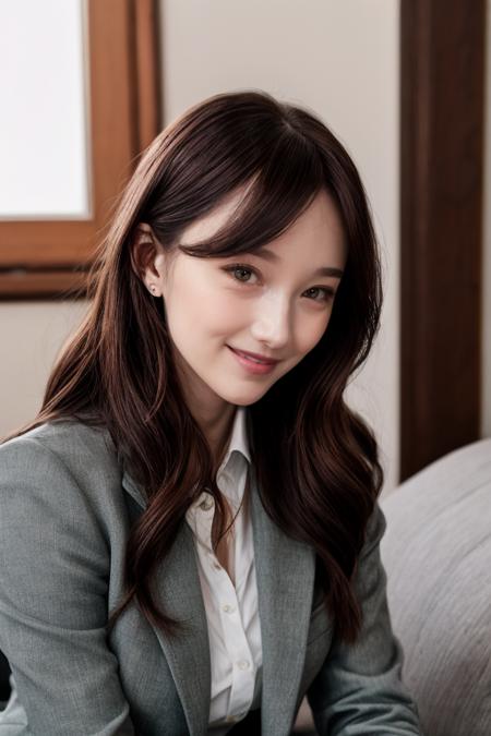 (masterpiece, best quality:1.2), 16 y.o girl, young, Realistic photo of woman, long hair, dress shirt, pant suit, looking at viewer, medium breasts, (white teeth), grin, lips, realistic, soft lighting, professional Photography, Photorealistic, detailed eyes, RAW, analog, sharp focus, 8k, HD, DSLR, high quality, Fujifilm XT3, film grain, award winning, <lora:add_detail:0.5>, <lora:more_details:0.1>, DizzyKitten Twitch, Jinnytty Twitch, STPeach Twitch, wendy2-10500-0.6