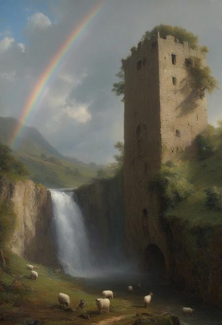 John Constable (tonal realism), Chalk downs with grazing sheep flocks, rainbow in waterfall mist, stone watchtower with ivy-covered walls,lapwing performing display.,Art painting by Eiichiro Oda and Tooth Wu , featured on Ashley Wood,,
artstation trending, macro lens, volumetric light,
<lora:Illustration_Insanity:0.3>,
<lora:dreamshaperXL10_lora:0.7>,
<lora:extremely_detailed:0.3> extremely detailed,
<lora:DetailMaximizer:0.3>,, Surrealism art style, dreamlike and irrational imagery, explores the unconscious mind, juxtaposition of unlikely elements, challenges reality and logic