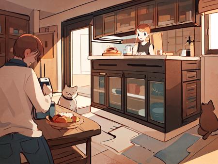 (masterpiece, best quality, 8k, highres:1.4), illustration, soft lighting, watercolor \(medium\), byShato, evening,
1girl, 1boy, cat, surprised, <lora:LoHA-styleShato:1>, cafeteria,