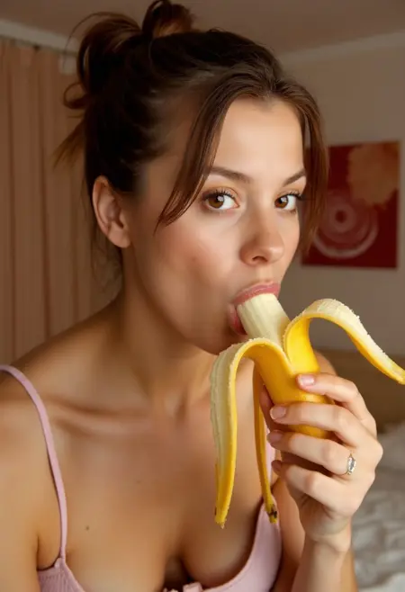 Woman eating banana, sexy expression for FLUX