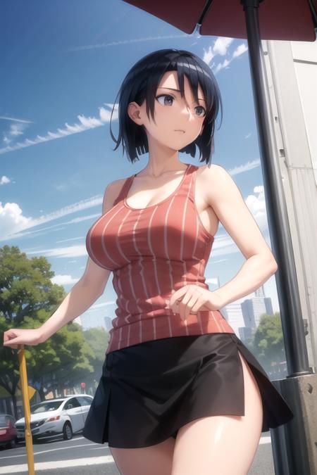 (extremely detailed CG unity 8k wallpaper), (masterpiece), (best quality), (ultra-detailed), (best illustration), (best shadow), (absurdres), 1girl, solo, <lora:kanako-10:0.8>, kanako miyamae, large breasts, (red tank top, striped tank top, vertical stripes:1.2), blue skirt, walking, foreshortening, outdoors, detailed background