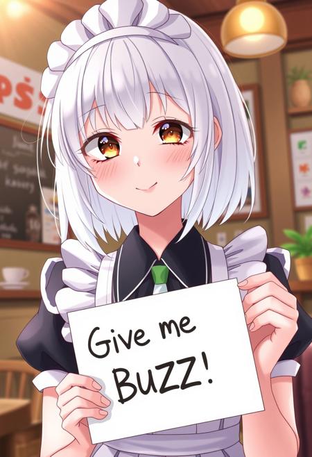 score_4,score_5,score_6,score_7_up,score_8_up,score_9 ((masterpiece,best quality,ultra detailed,highres,HD,4k:1.2)), 
1 girl,solo,face focus,
white hair,short hair,bob cut,sidelocks,brown eyes,
Maid headband, maid apron, maid outfit, frilly apron,
indoors,cafe,
maid costume,maid school,
(("Give me Buzz.",Beggars Borad,Holding a sign, holding a sign that says, "Give me Buzz.")) wink,happy,blush, looking at viewer, smile,,