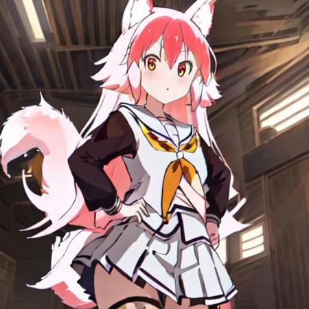 High quality! 1 girl, murenase, ranka, ookami, ranka ookami, seton pink hair, animal ears, wolf ears, fluffy wolf tail, tail, multi color hair, orange eyes, , serafuku, skirt, pleated skirt,skirt, school uniform, pleated skirt, serafuku, white skirt, shirt, purple shirt, sailor collar, white sailor collar, long sleeves, handkerchief, yellow handkerchief, long black pantyhose, choker with cross, little girl, (masterpiece:1.2) , best quality, high resolution, unity 8k wallpaper, (artwork:0.8), (beautiful detailed eyes:1.6), extremely detailed face, perfect lighting, extremely detailed CG (perfect hands, perfect anatomy),